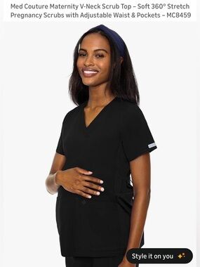 Med Couture Black Maternity V-Neck Scrub Top Soft Stretch Adjustable Waist